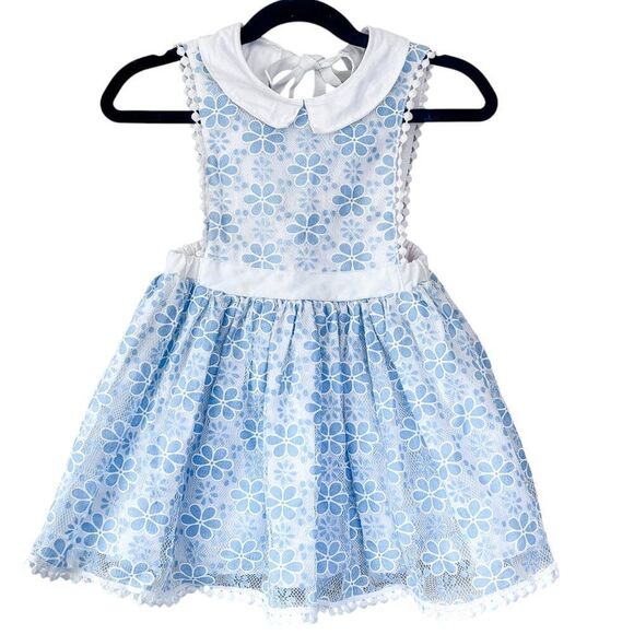 Brass Razoo White Blue Floral Lace Pinnie Pinafore Dress with Collar Size 3T - Picture 1 of 7